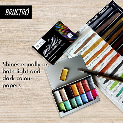 BRUSTRO metallic watercolour set on a wooden surface