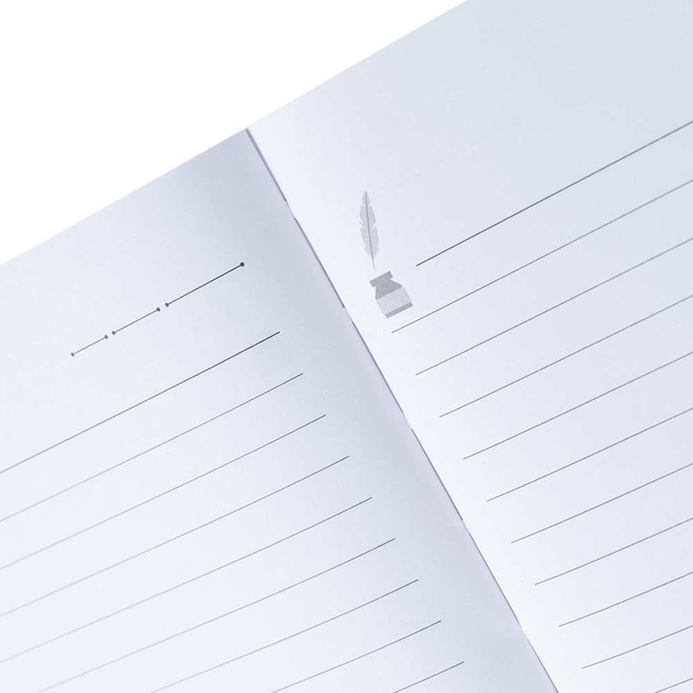 Two sheets of lined paper with a feather and ink bottle icon on a white background