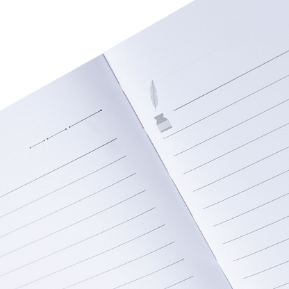 Two sheets of lined paper with a feather and ink bottle icon on a white background