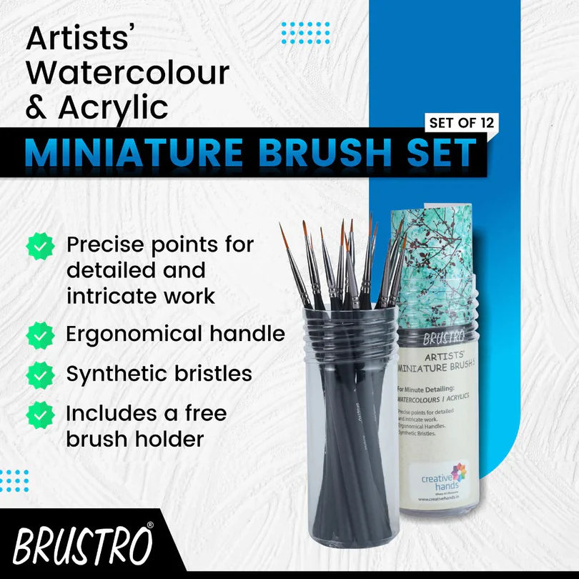 Brustro miniature brush set for watercolour and acrylic with packaging on a white background