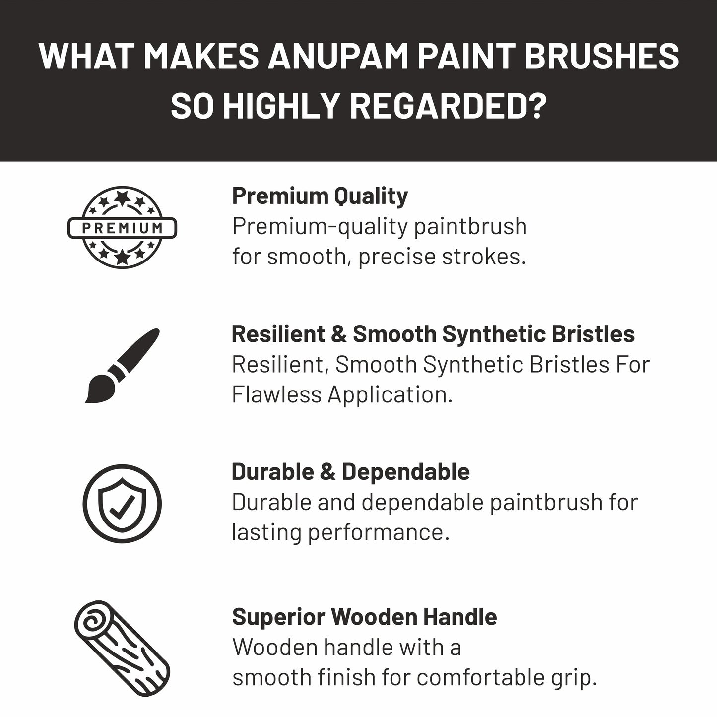 List of features making Anupam paint brushes highly regarded on a black and white background.