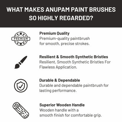 List of features making Anupam paint brushes highly regarded on a black and white background.