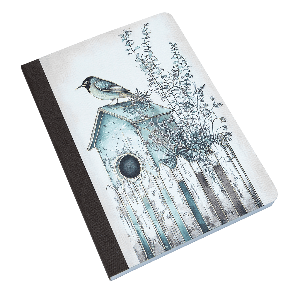 Notebook with a birdhouse and bird illustration on the cover