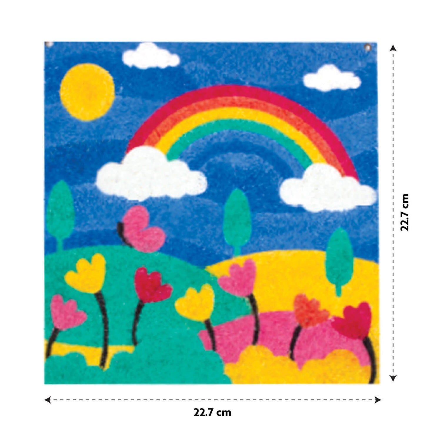 Colorful children's wall art with a rainbow, sun, and flowers on a blue background.