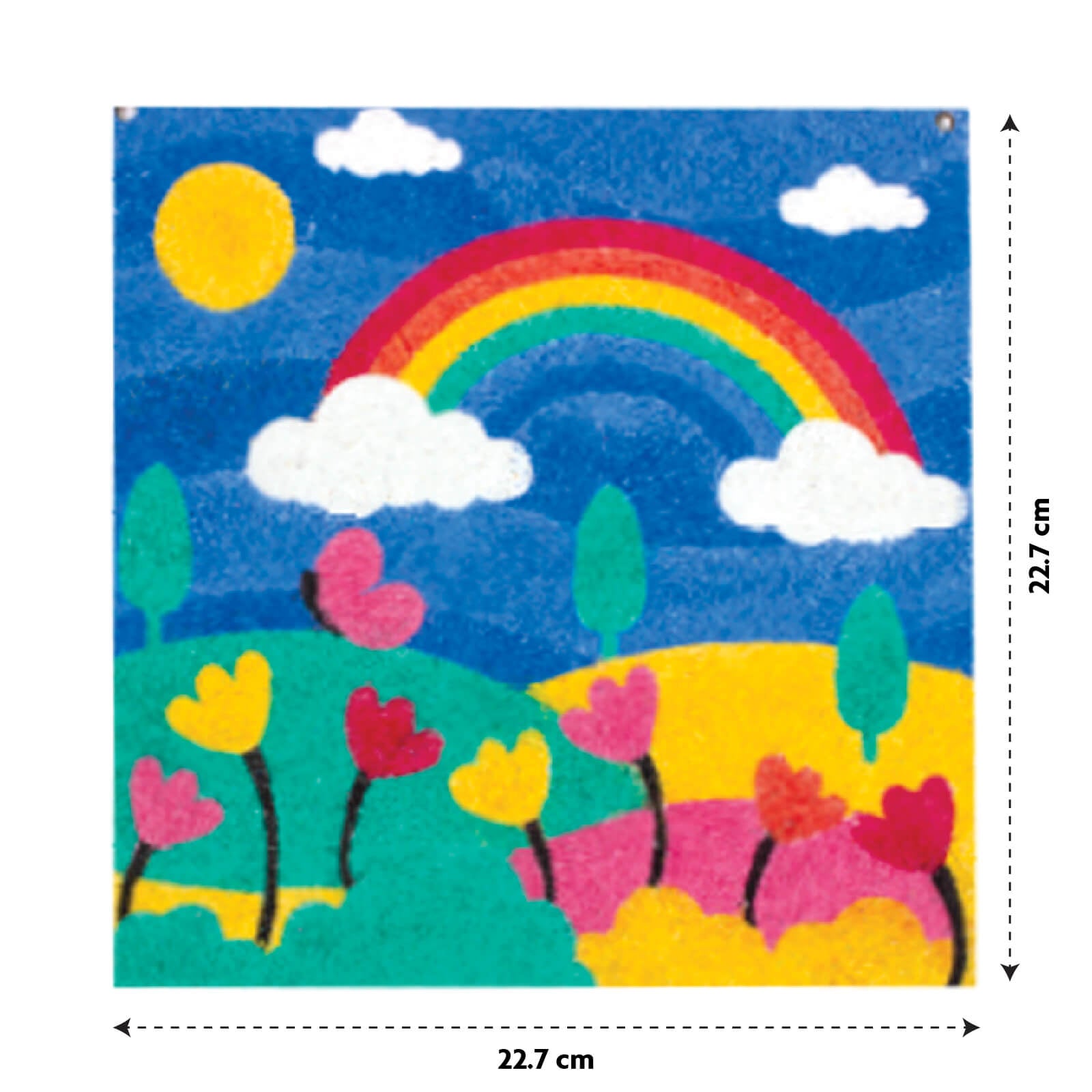Colorful children's wall art with a rainbow, sun, and flowers on a blue background.
