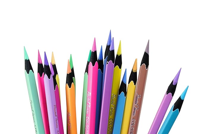 Assorted colored pencils with colorful tips on a white background