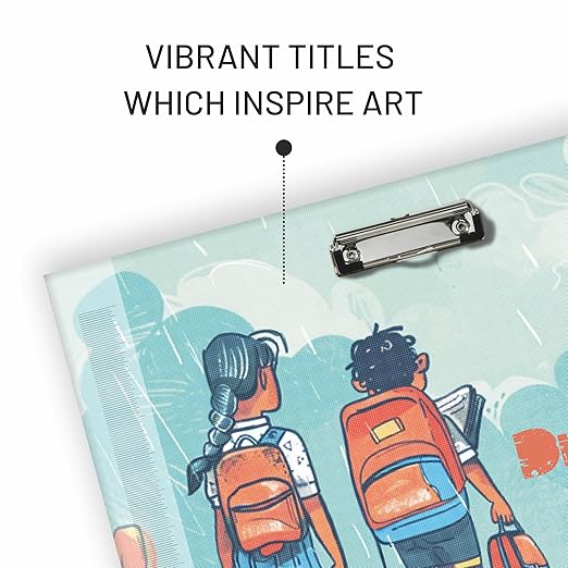 Clipboard with illustration of two children with backpacks and a text overlay about vibrant titles inspiring art.