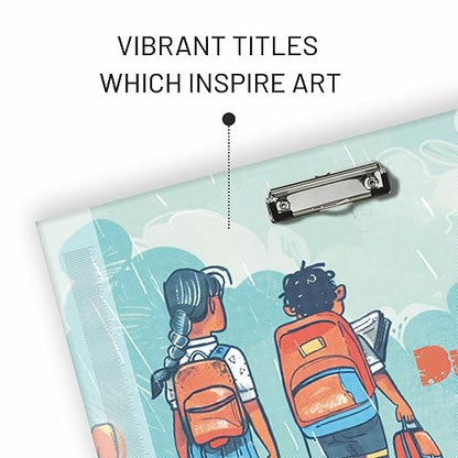 Clipboard with illustration of two children with backpacks and a text overlay about vibrant titles inspiring art.