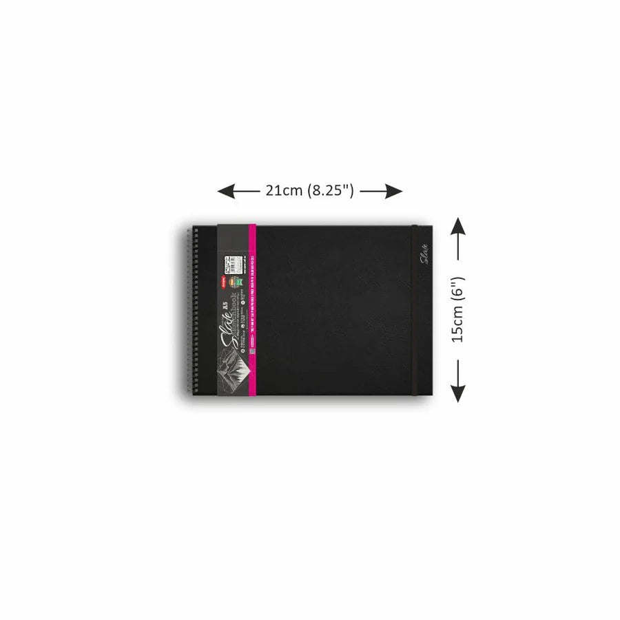 Black notebook with dimensions labeled on a white background