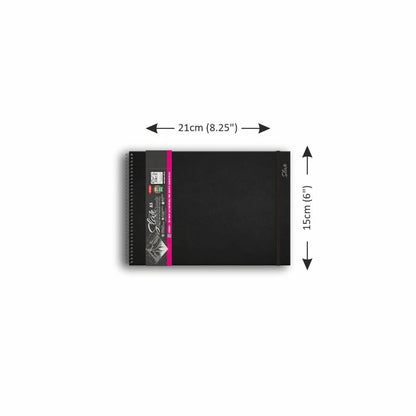 Black notebook with dimensions labeled on a white background