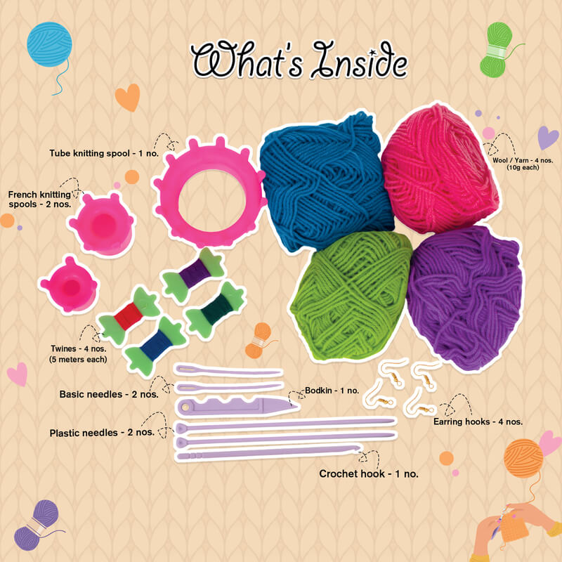 Colorful yarn balls and knitting tools on a wooden surface with text indicating what's included.