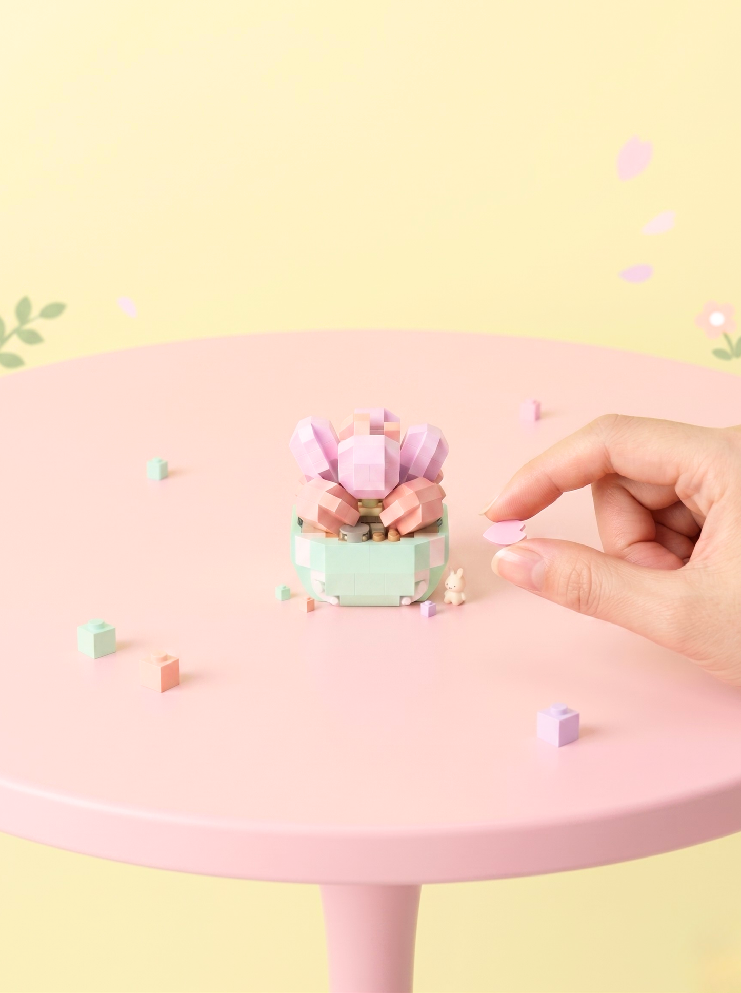 Small decorative plant on a pink table with a hand reaching towards it against a light yellow background