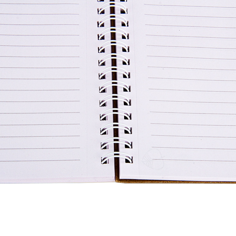 Close-up of a notebook with a spiral binding and lined pages.