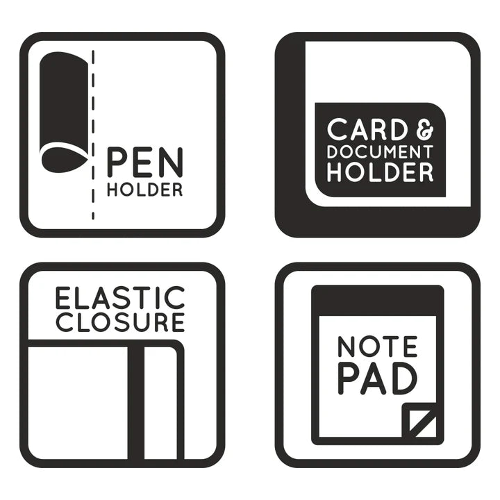 Set of icons representing pen holder, card/document holder, elastic closure, and note pad features.