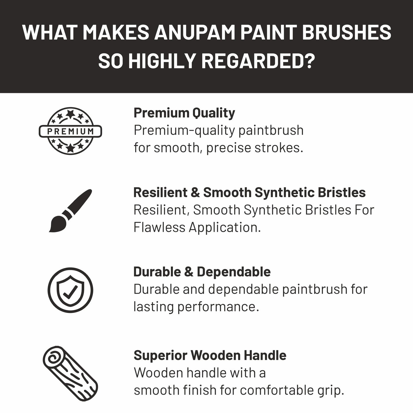 List of features making Anupam paint brushes highly regarded on a black and white background.