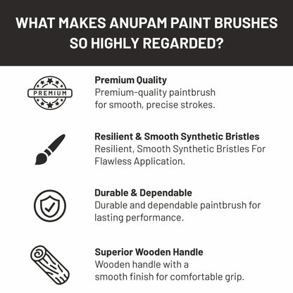 List of features making Anupam paint brushes highly regarded on a black and white background.