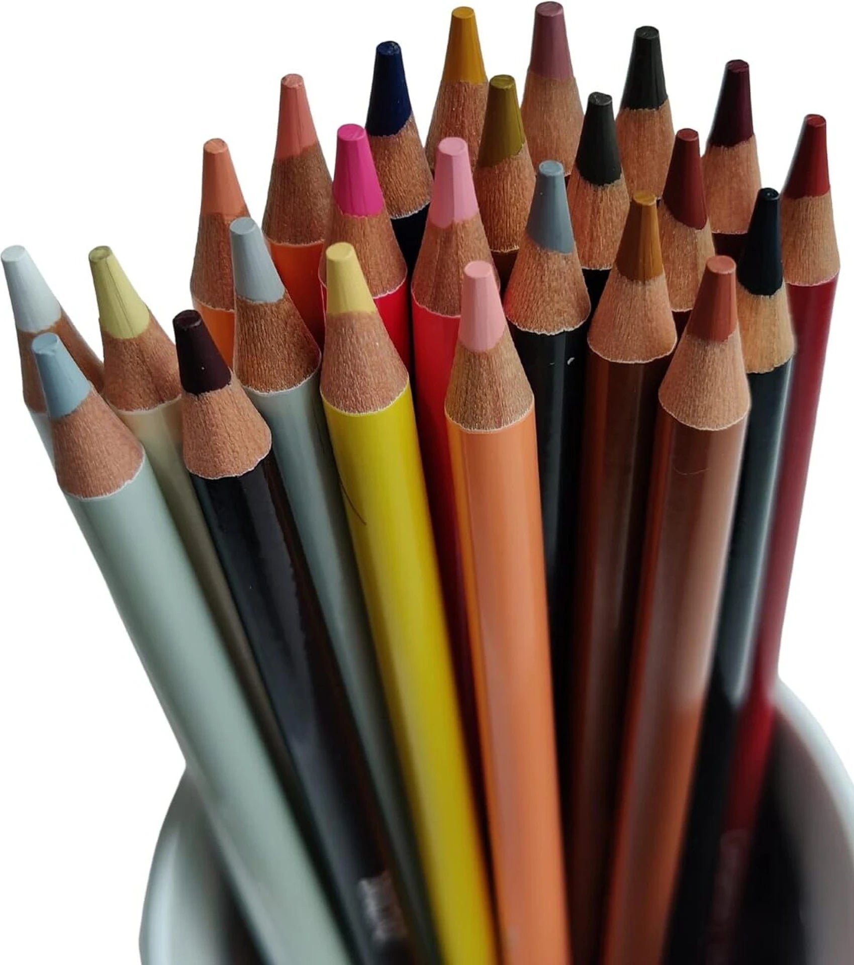 Assorted colored pencils in a holder on a white background