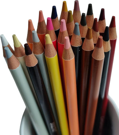 Assorted colored pencils in a holder on a white background