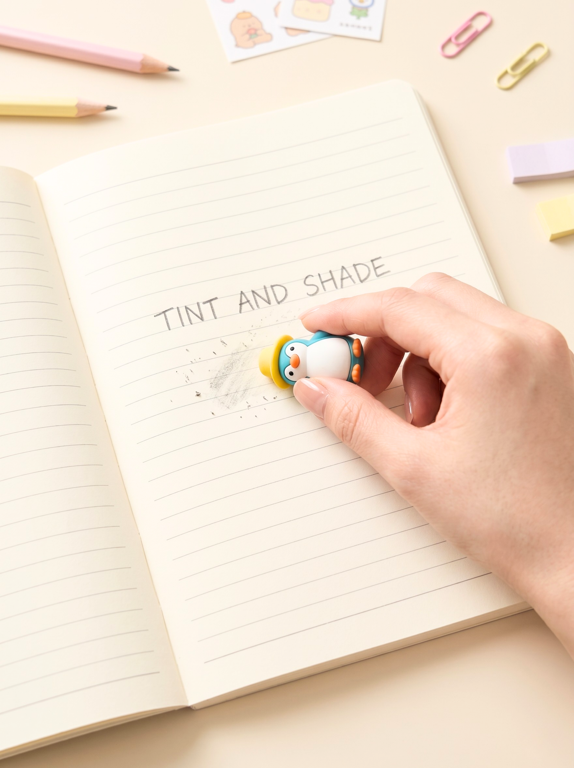 Hand holding a penguin-themed eraser over a notebook with 'Tint and Shade' text.