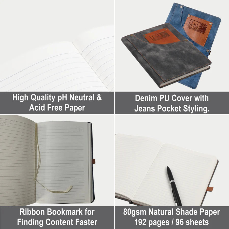 Notebook with denim PU cover and features listed on a white background