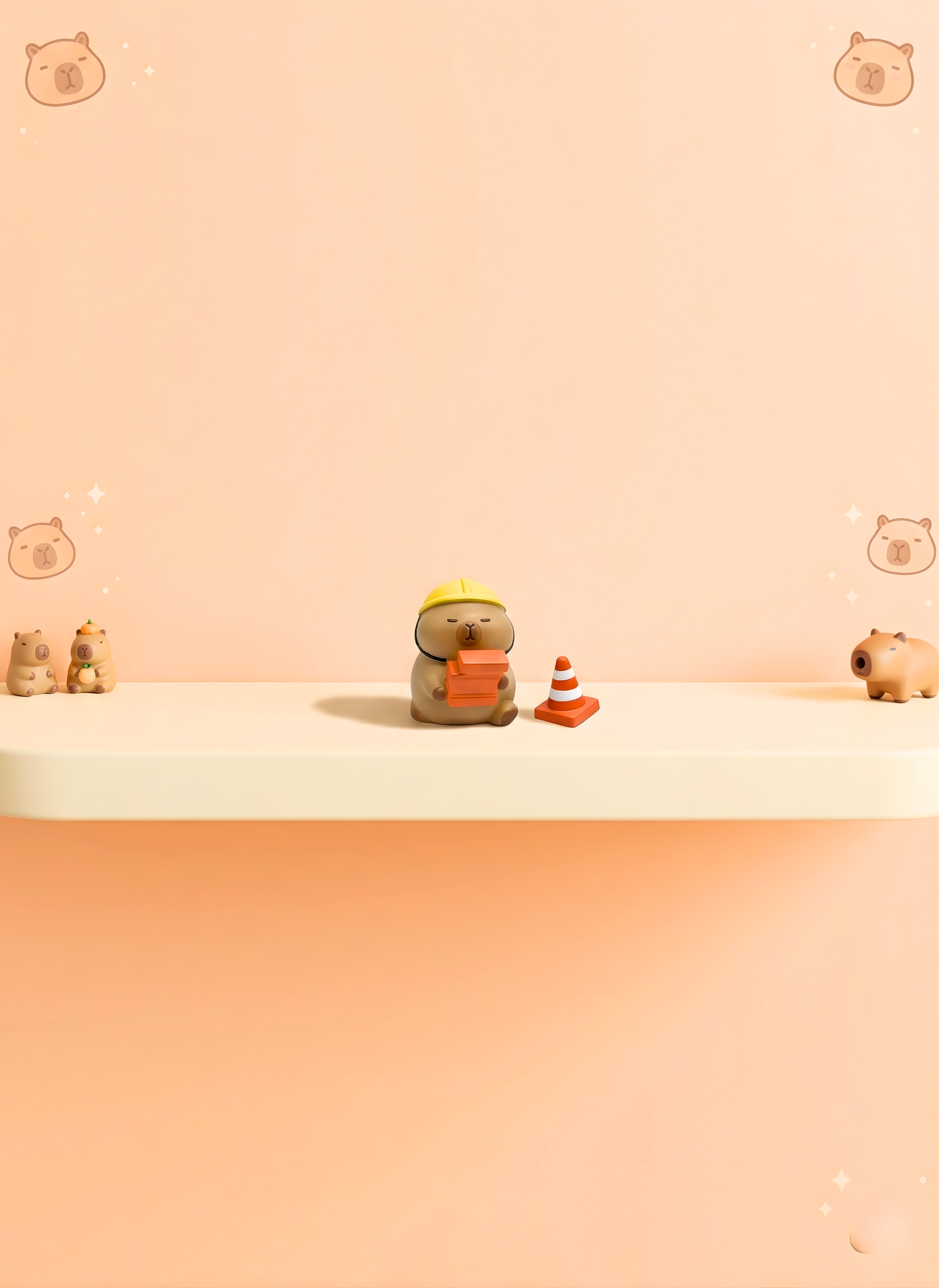 Small figurine holding a sign on a gradient peach background
