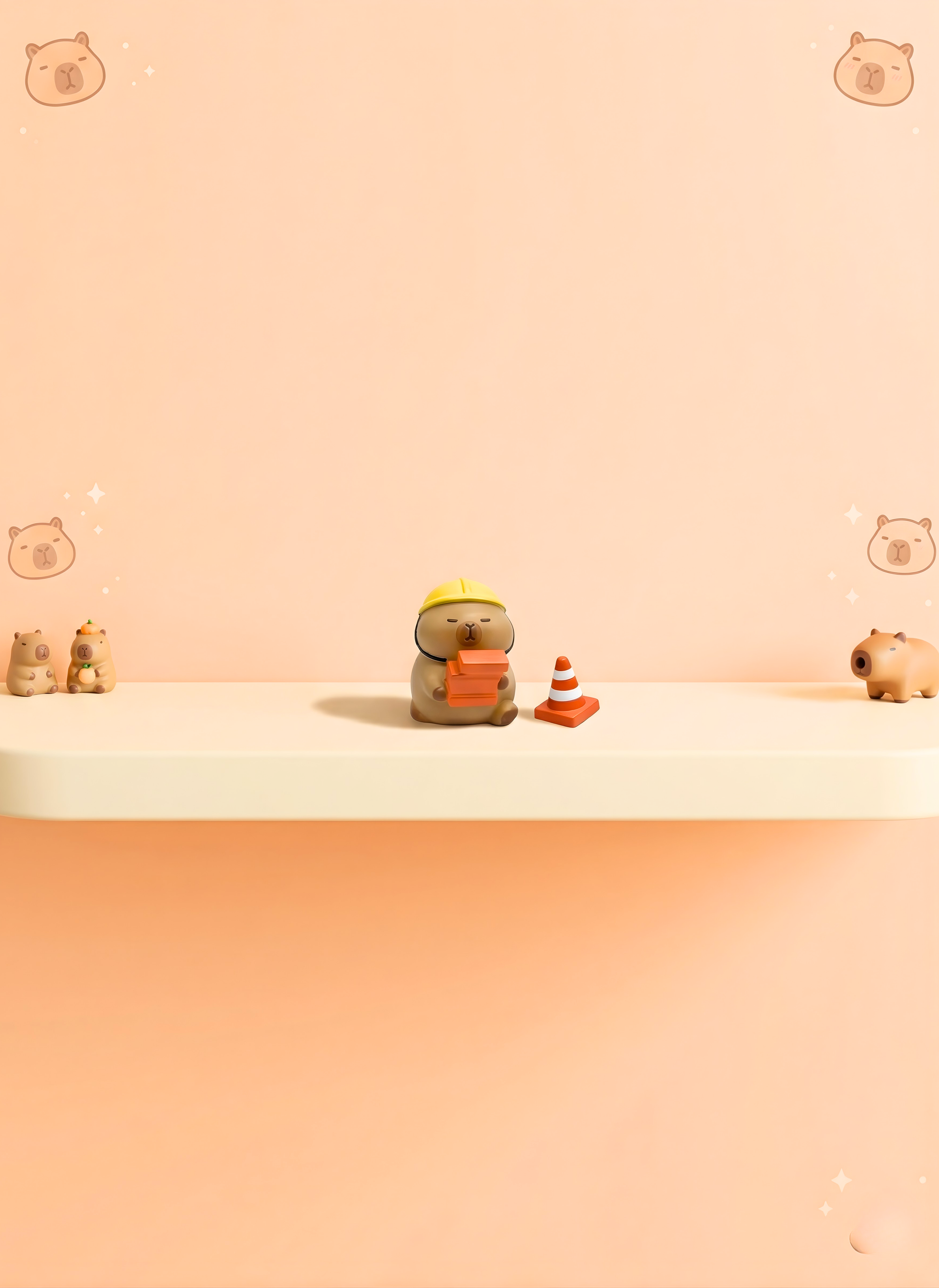 Small figurine holding a sign on a gradient peach background