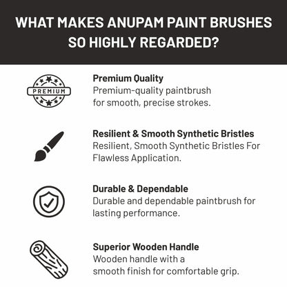 List of features making Anupam paint brushes highly regarded on a black and white background.