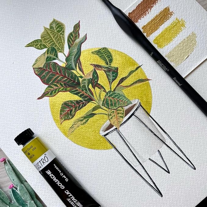 Artistic illustration of a plant with a yellow circle and a pen on a white surface