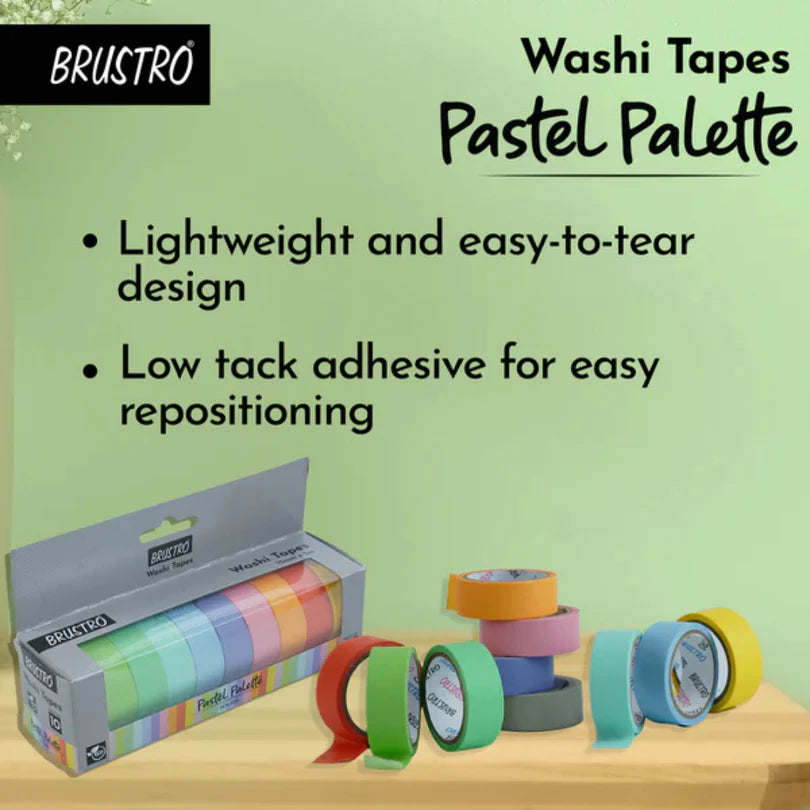 BRUSTRO Washi Tapes Pastel Palette with packaging on a wooden surface against a green background