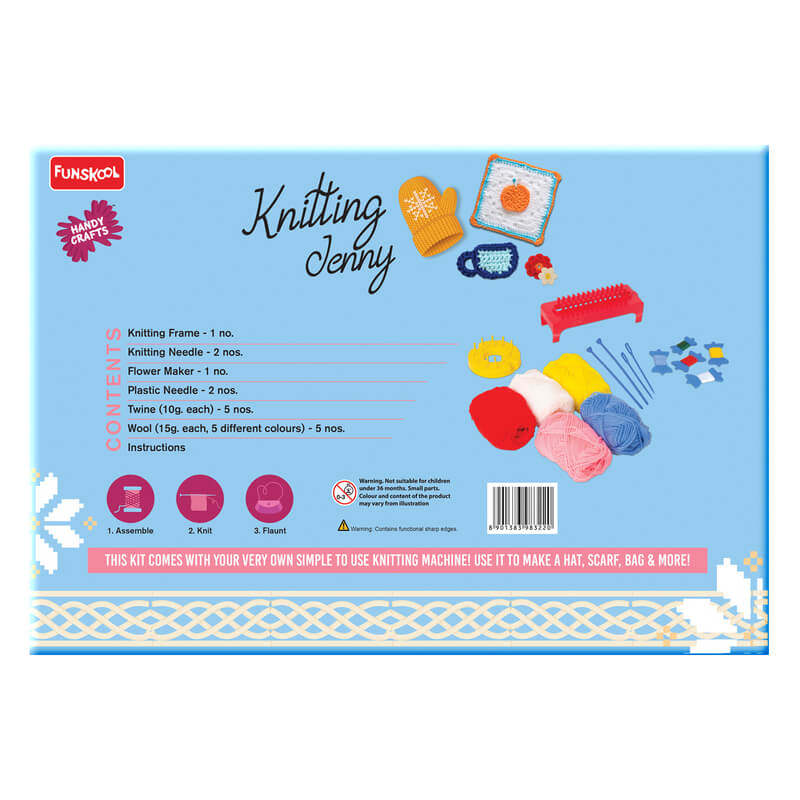Knitting kit packaging with colorful yarn and tools on a blue background