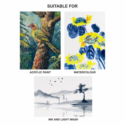 Three artistic styles suitable for acrylic paint, watercolour, and ink and light wash on a white background.