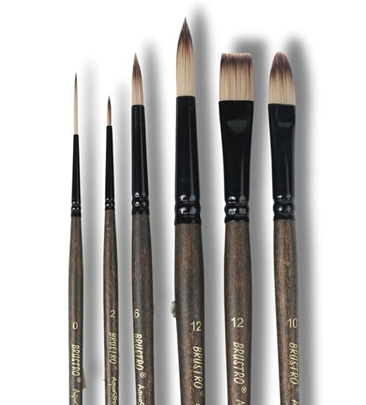 Set of Brustro artist brushes with wooden handles and metal ferrules on a white background