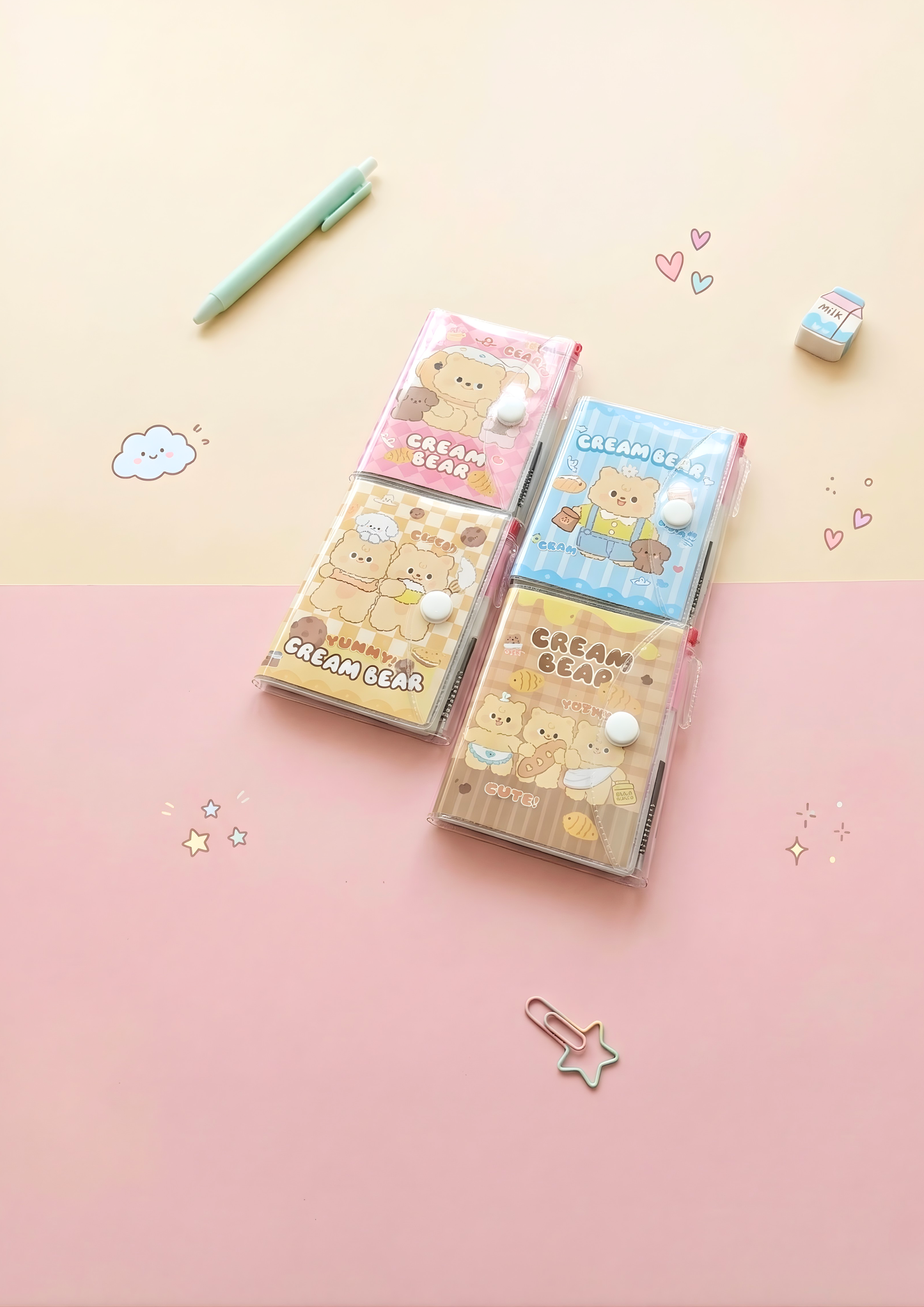 Two boxes of Cream Bear on a pink background with decorative elements.