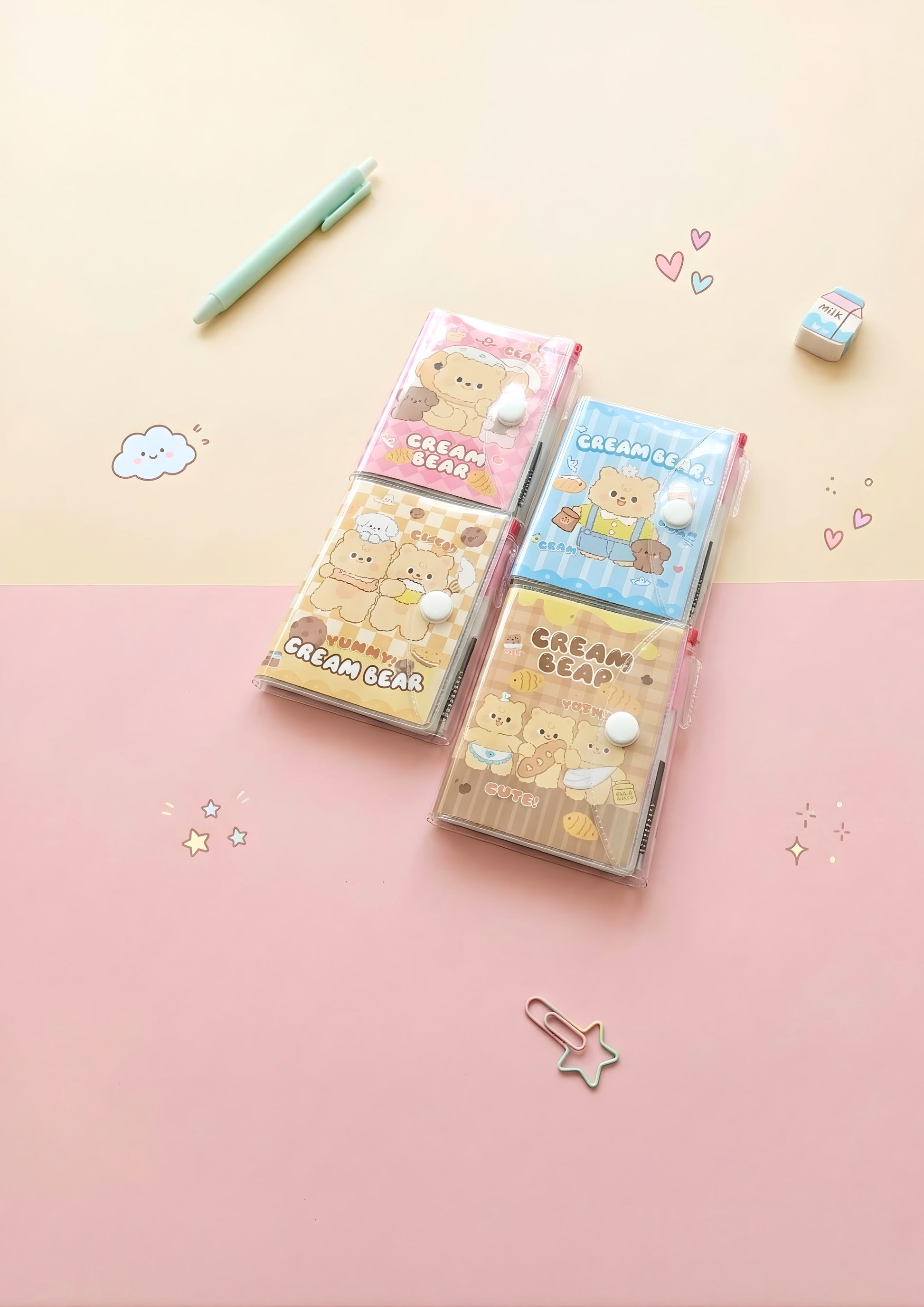 Two boxes of Cream Bear on a pink background with decorative elements.