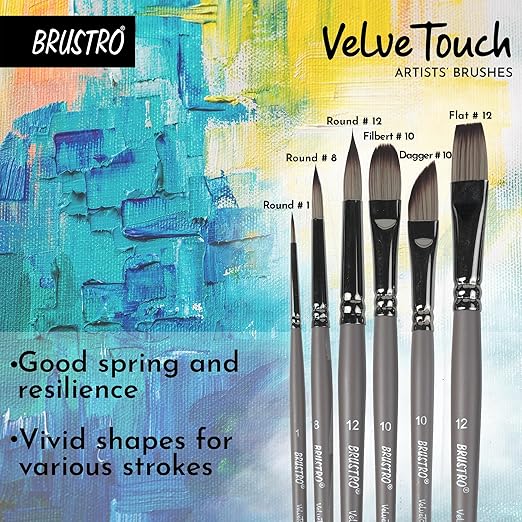 Brustro Velve Touch artists' brushes with a colorful abstract painting background