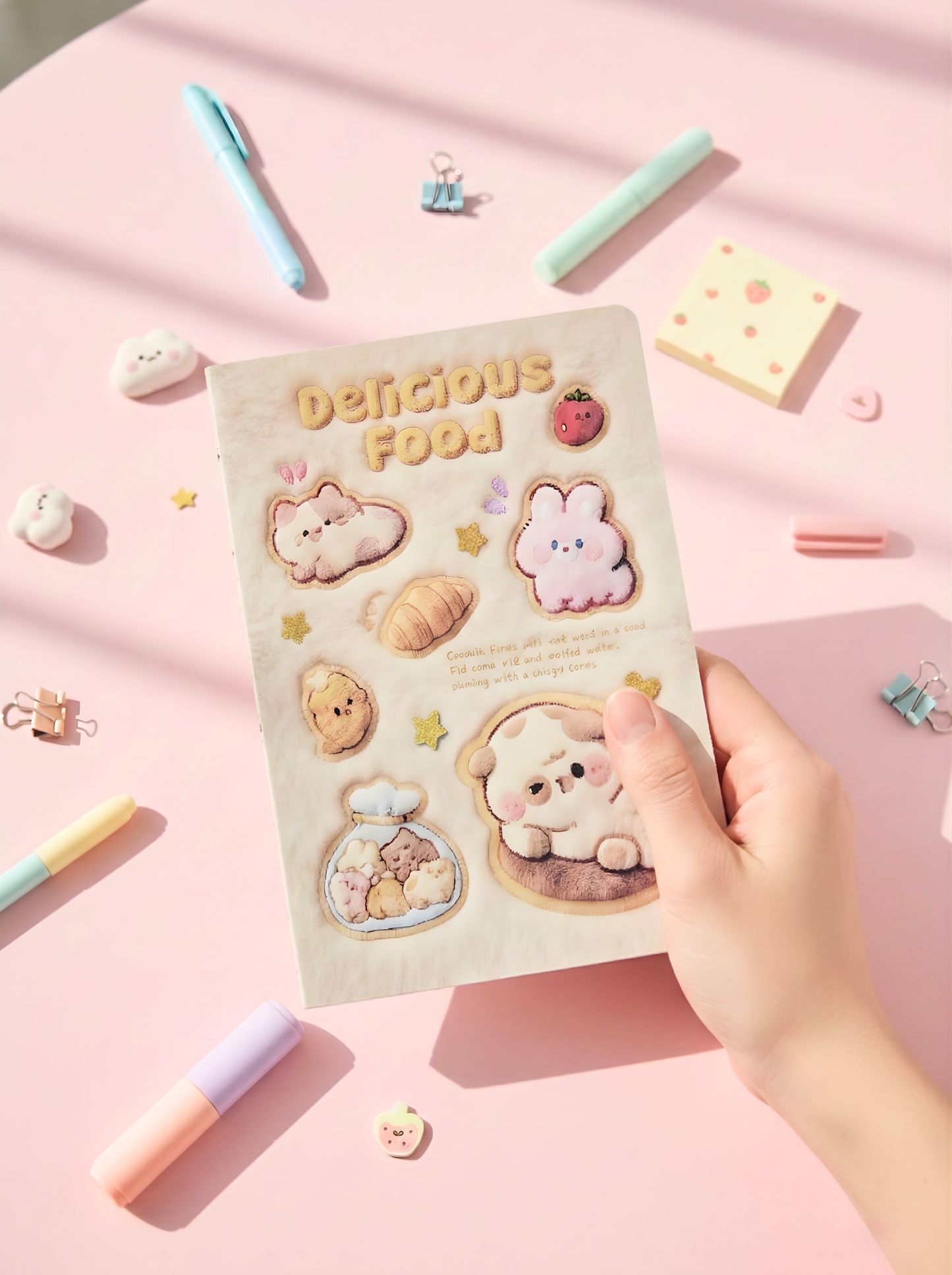 Notebook with cartoon characters held by a hand on a colorful stationery background