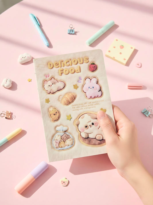 Notebook with cartoon characters held by a hand on a colorful stationery background