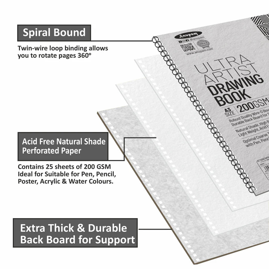 Drawing book with spiral binding and features highlighted on a white background