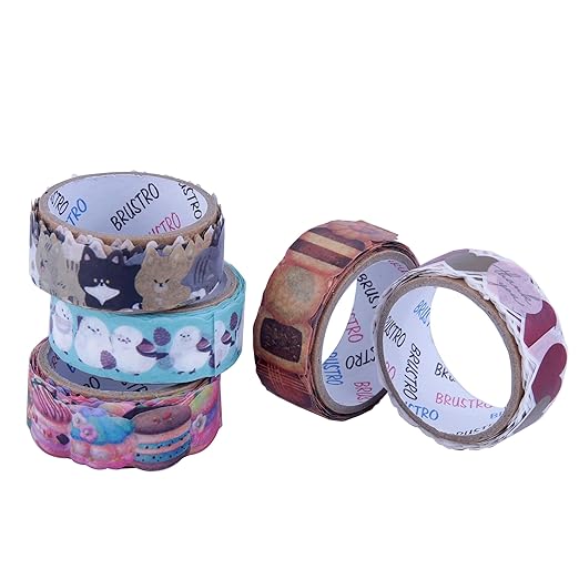 Set of colorful washi tape rolls with animal designs on a white background