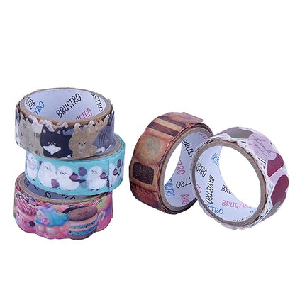 Set of colorful washi tape rolls with animal designs on a white background