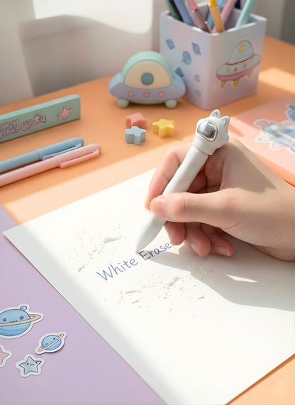 Person using a white erase pen on a piece of paper with a colorful desk in the background
