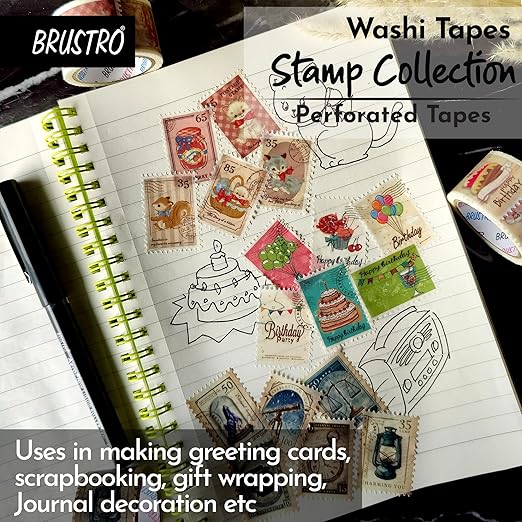 Washi tape stamp collection on a notebook with BRUSTRO branding.