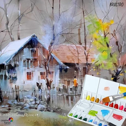 Artistic depiction of a village scene with watercolor paints and palette.