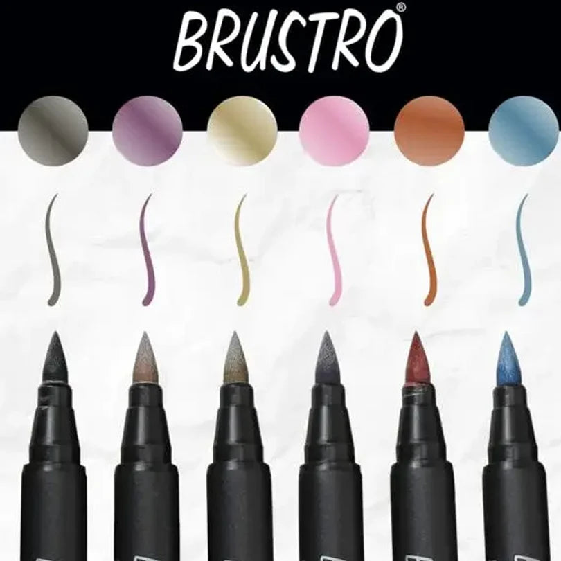 Set of Brustro markers with color swatches on a white background