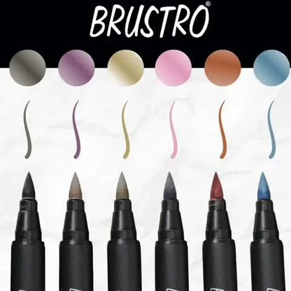 Set of Brustro markers with color swatches on a white background
