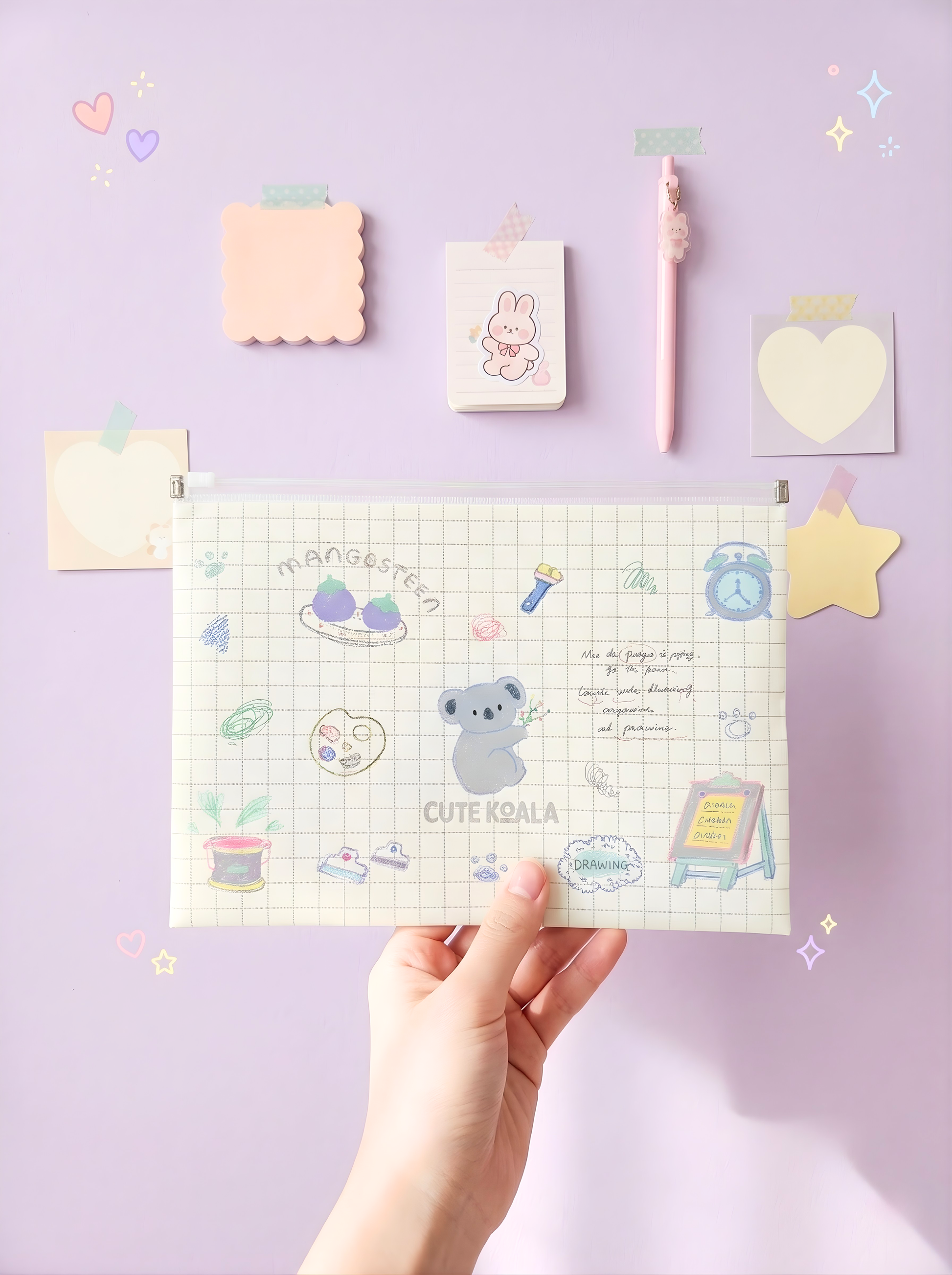 Hand holding a stationery set with cute illustrations on a light purple background