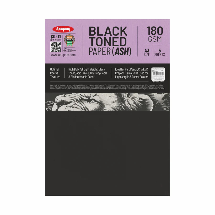 Anupam black-toned paper pack with specifications on a white background
