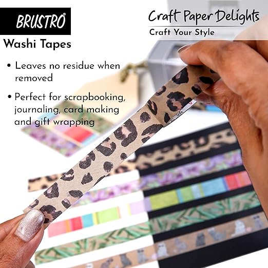Leopard print washi tape held by a hand with text about BRUSTRO washi tapes.