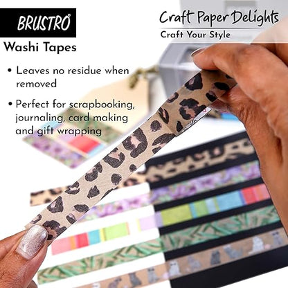 Leopard print washi tape held by a hand with text about BRUSTRO washi tapes.