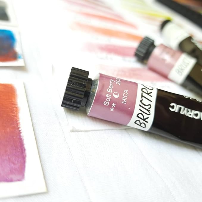 BRUSTREK paint tube labeled 'Soft Berry' on a white background with color swatches.
